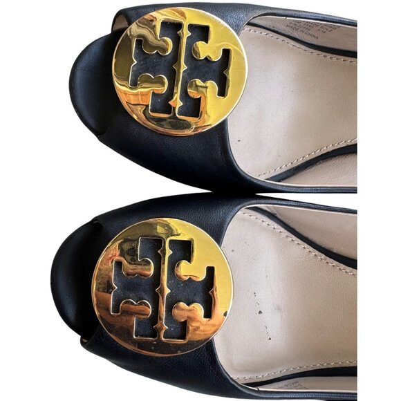 Tory Burch Black Leather Wedge Peep Toe Pumps With Gold Logo Size 10M - Picture 3 of 11